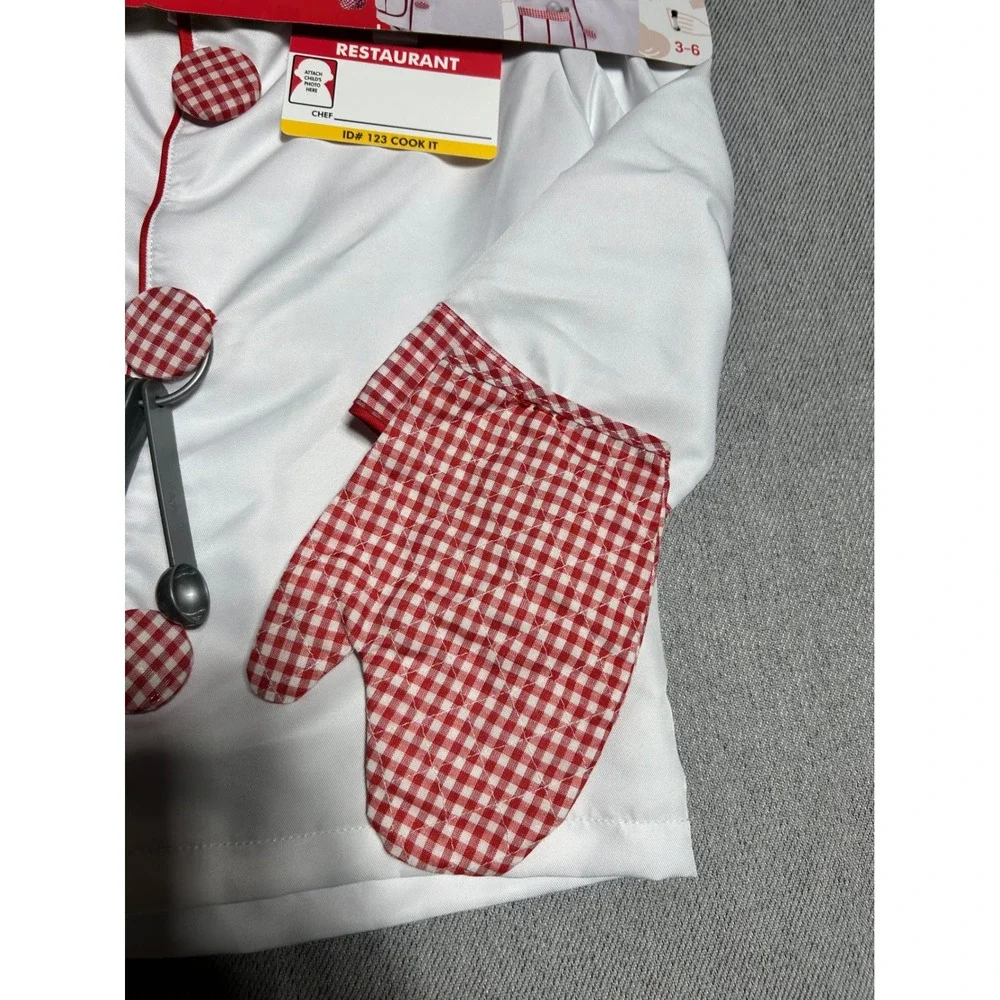 Melissa &‎ Doug Chef Costume Kids Size 3-6 White Red Gingham Role Play Set